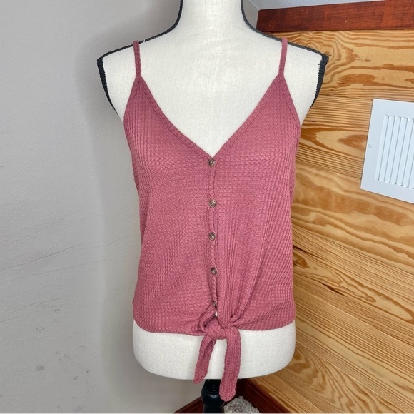Wild Fable Mauve Pink Purple Waffle Knit Button Up Tie Front Tank Top Small - Picture 1 of 8